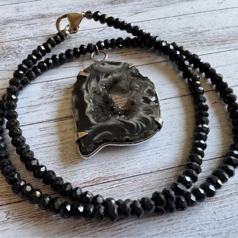16” Faceted Black Onyx Necklace with a Black Agate Druzy Geode and Stirling Silv